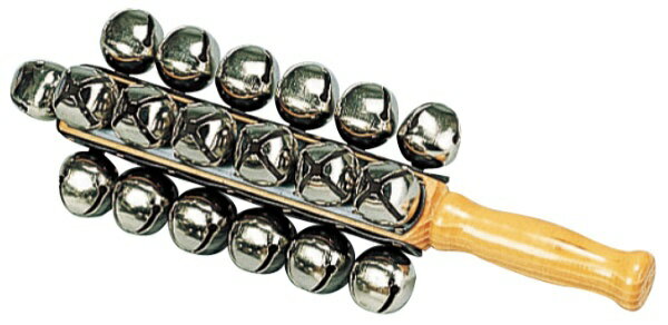 振る、逆さで柄をたたく、直接叩くなどの奏法で音色や歯切れを変えられる打楽器（鈴）です。