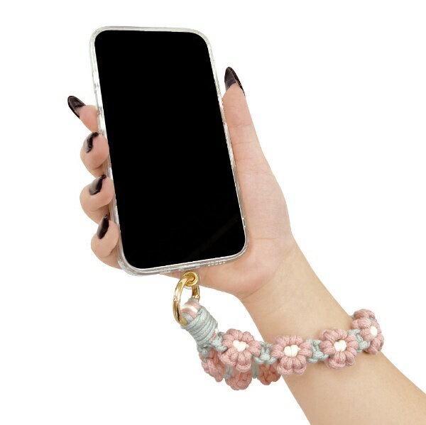 スマホケースにはさむだけ！カンタンかわいい落下防止ハンドストラップ■スマホケースに挟むだけで使用可能な落下防止ハンドストラップ■手編みの花デザインがかわいい♪■ハンドストラップ部分は鍵やポーチなどに付けてキーホルダーとしても使用可能