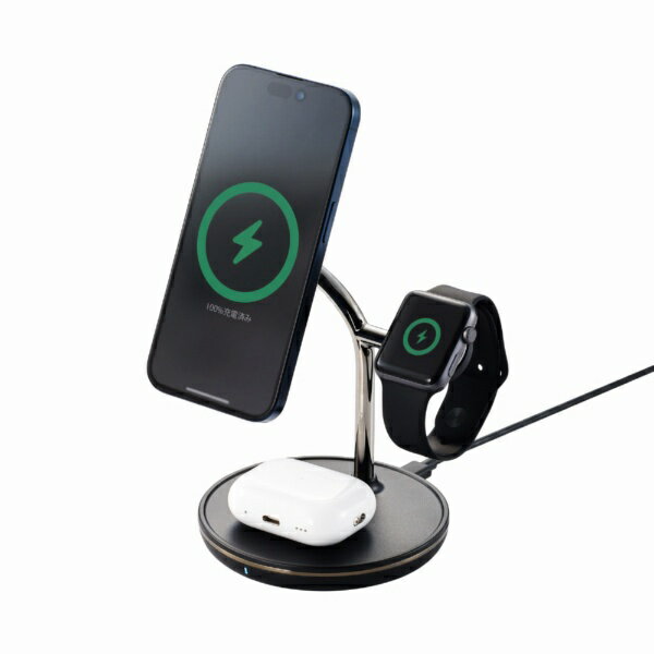 ELECOM|エレコム マグネットQi2規格対応ワイヤレス充電器 スタンド型 3in1 Apple Watch高速モジュール付き MfA認証 W-MS08BK