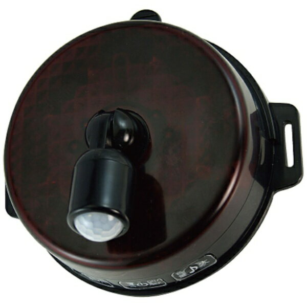 ■人の動きに反応して、光と音で警告するLED回転・点滅灯です。■赤外線の動きを感知するP.I.R.（赤外線パッシブセンサー）だから、車や動物の動きも感知します。■方向可変センサーを搭載し、センサーを目的物の方向に向けることができます。■1回感知すると15秒間動作し、感知対象が前にいると動作し続けます。■光だけ/音だけ/光と音の選択可能です。【仕様】・幅（mm）： 120・奥行（mm）： 116・高さ（mm）： 30・光源色： 赤・電源： 単3形アルカリ電池×3本・点灯保持時間： 15秒間・感知距離（m）： 5・電源： 単3形アルカリ電池×3本（別売）・電源ON/OFF： ボタン付・人感センサー： 水平方向360°垂直方向180°回転。感知範囲： 上下/左右方向120°、感知距離5mまで・電池寿命： 1日10回（15秒間/1回）動作時、光と音では約6ヶ月、光だけでは約1年間。電池寿命は動作回数により変動・動作時間15秒間。人が前で動いていると連続動作・LED： 8個に赤LEDが点滅又は回転・点灯条件： 明るくても動作/10ルックス以下の暗い時だけ動作選択可能（スイッチは電池ケース内）・設置場所： 屋内/屋外（IP44 防沫・防雨 防塵形）