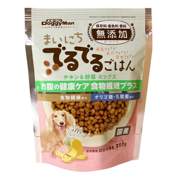 ・毎日のごはんで健康維持をおいしくアシストするドライフードです。 ・食物繊維、乳酸菌、オリゴ糖配合で、気になるお腹の健康維持に特化しました。 ・全成長段階用の総合栄養食なので、幼犬からシニア犬までご使用可能です。 ・保存料・香料・着色料不使用。 ・「でるでる健康食器」にもぴったり！