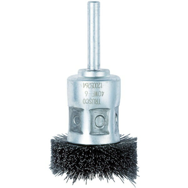 ■ブラシが側面を向いているため止まり穴にある交差穴だけを重点的に研磨することができます。■側面方向の研磨ができます。■ブラシがクッションとなり、止まり穴の底部まで入れることができます。【用途】・交差穴のバリ取りに最適。・使用工具： 電動ドリル、ボール盤など。・各種金属のサビ、汚れ落とし・溶接処理前後のクリーニング。【仕様】・線径（mm）： 0.3・毛材： ワイヤ鋼線・外径（mm）： 40・毛厚（mm）： 10・軸長（mm）： 35・軸径（mm）： 6・最高使用回転数（rpm）： 3000・毛丈（mm）： 10