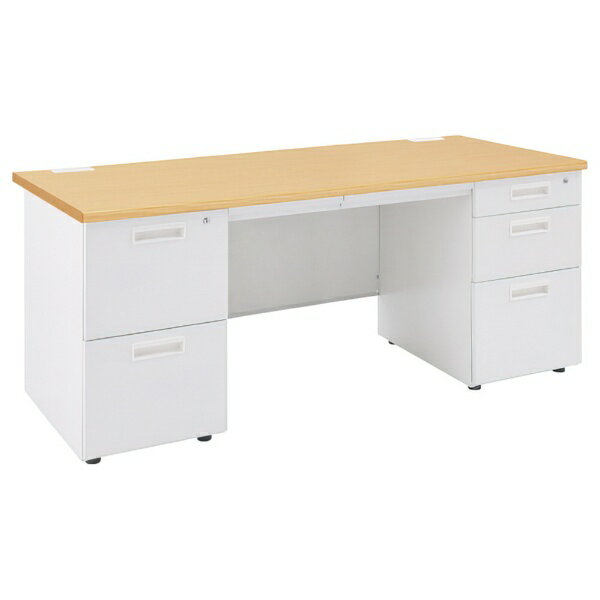 ホワイトカラーをベースに「木目調」の天板を採用した、幅1600mmの両袖デスクです。幅1600mmのワイドサイズですので、パソコンやビジネスフォン等の必要アイテムを配置した上で、スペースにかなり余裕を持たせた環境作りが可能です。また、デスク...