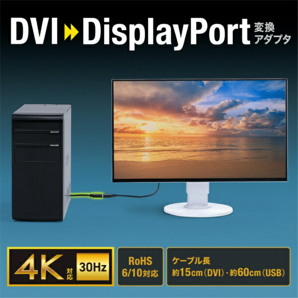 サンワサプライ｜SANWA SUPPLY DVI-DisplayPort変換アダプタ 4K/30Hz 一体型USB給電 15cm ブラック 3重シールド [DVI オス→メス DisplayPort＋USB-Aオス給電] 4K対応 AD-DVDP01 [DVI⇔DisplayPort /0.15m] 2