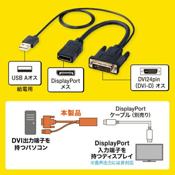 サンワサプライ｜SANWA SUPPLY DVI-DisplayPort変換アダプタ 4K/30Hz 一体型USB給電 15cm ブラック 3重シールド [DVI オス→メス DisplayPort＋USB-Aオス給電] 4K対応 AD-DVDP01 [DVI⇔DisplayPort /0.15m] 3