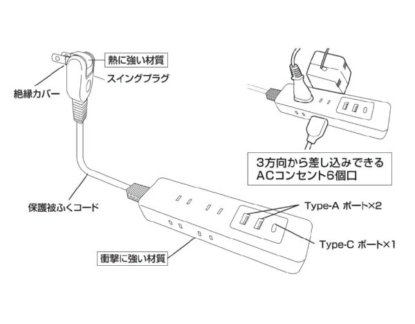 YAZAWA�å䥶�� USB���å�6�ĸ�PD20W1.5m����H49015PD20WH�������PD�б� 20W��USB�ݡ��� Type-A��2��Type-C��1 [1.5m /6�ĸ� /�����å�̵ /3�ݡ���]