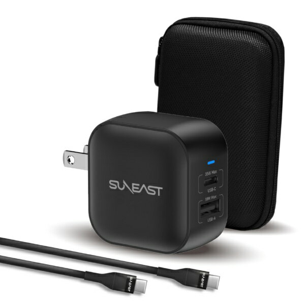 SUNEAST｜サンイースト USB急速充電器 35w USB-Cポート×1、USB-Aポート×1 /USB Power Delivery対応 /GaN(窒化ガリウム) 採用 シリコンケーブルPD対応60W（1m付） 収納ポーチ付 ブラック [2ポート］ SE-AC035CC001BKF [2ポート /USB Power Delivery対応 /GaN(窒化ガリウム)
