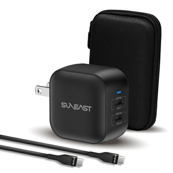 SUNEAST｜サンイースト USB急速充電器 48w USB-Cポート×2 /USB Power Delivery対応 /GaN(窒化ガリウム) 採用 シリコンケーブルPD対応60W（1m付） 収納ポーチ付 ブラック [2ポート］ SE-AC048EC001BKF [2ポート /USB Power Delivery対応 /GaN(窒化ガリウム) 採用]