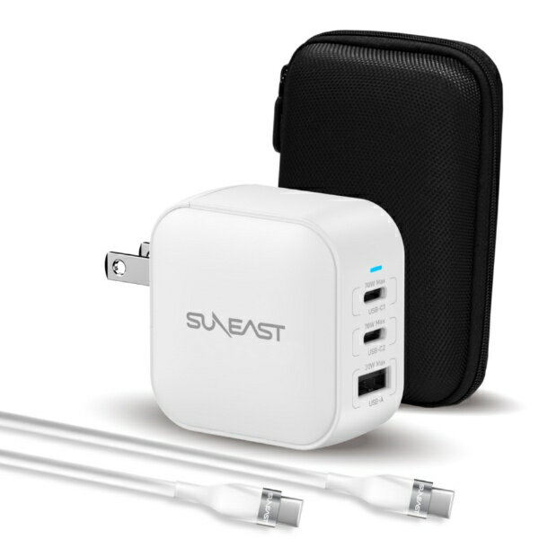 SUNEAST｜サンイースト USB急速充電器 70w USB-Cポート×2、USB-Cポート×1 /USB Power Delivery対応 /GaN(窒化ガリウム) 採用 シリコンケーブルPD対応100W（2m付） 収納ポーチ付 ホワイト [3ポート］ SE-AC070DC001WHF [3ポート /USB Power Delivery対応 /GaN(窒化ガリウム)