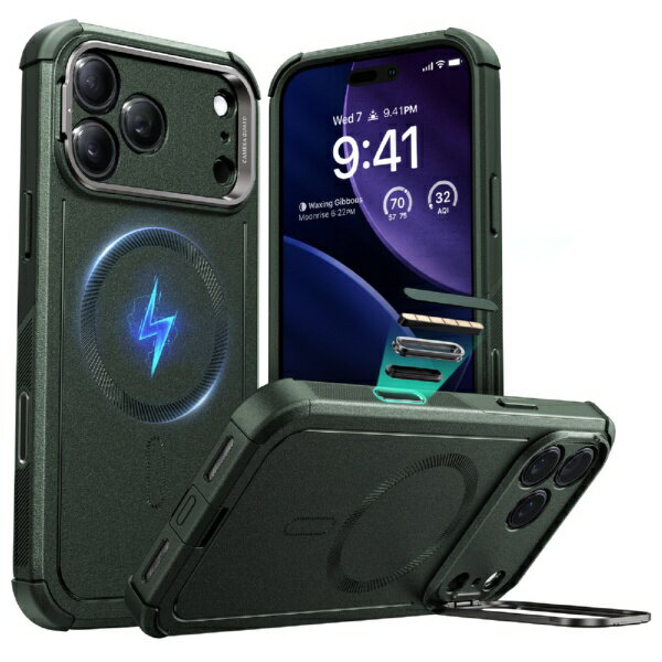 イーエスアール｜ESR iPhone 17 Pro (6.3インチ）MagSafe対応、隠れスタンド付き、3層構造衝撃吸収ハイブリッドケース オリーブグリーン 1A88100401-Olive Green