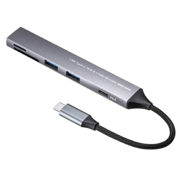 USB Type-CコネクタにUSB A、Type-C合わせて機器を3台接続する超スリムPD対応USBハブ。SD/microSDカードリーダー付き。断線に強いメッシュケーブル。（USB A×2、USB Type-C×1）「USB 5Gbps 3ポート スリム ハブ（カードリーダー付き）」■超スリムで持ち運びに便利なUSB 5Gbps 3ポートのUSBハブ（カードリーダー付き）です。■断線に強いメッシュケーブルタイプです。■高級感のあるアルミボディです。■USB PD対応でUSB Type-Cポートを使ってパソコンを充電することができます。※PD対応パソコンである必要があります。■USB Aポートが2個、Type-Cポートが1個ついており合計3台のUSB機器を接続することができます。■Type-Cコネクタ搭載で、Type-Cポートを搭載したパソコンなどで使用できます。■スーパースピードモード（5Gbps・規格値）に対応しています。■コンパクトで持ち運びに便利なサイズです。