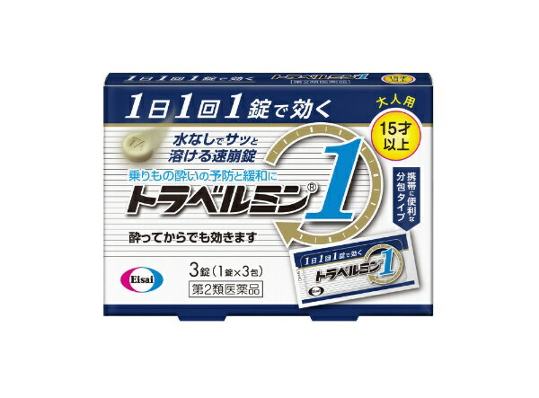 ●トラベルミン1は，1日1回1錠の服用で効果があります。1日中，楽しい旅行，快適な移動をお手伝いします●ラムネのようにサッと溶ける速崩タイプです。飛行機，車，船などでの移動中でも水なしで服用いただけます●酔ってからでも効く成分を配合しております。予防はもちろん乗りもの酔いによる吐き気やめまいをしずめる効果もあります --------------------------------------------------------------------------------------------------------------文責：川田貴志（管理薬剤師）使用期限：半年以上の商品を出荷します※医薬品には副作用リスクがあり、安全に医薬品を服用して頂く為、お求め頂ける数量を制限しております※増量キャンペーンやパッケージリニューアル等で掲載画像とは異なる場合があります※開封後の返品や商品交換はお受けできません------------------------------------------------------------------------------------------------------------------------------------------------------------------------------------------広告文責：株式会社ビックカメラ楽天　050-3146-7081メーカー：エーザイ　Eisai商品区分：第2類医薬品----------------------------------------------------------------------------