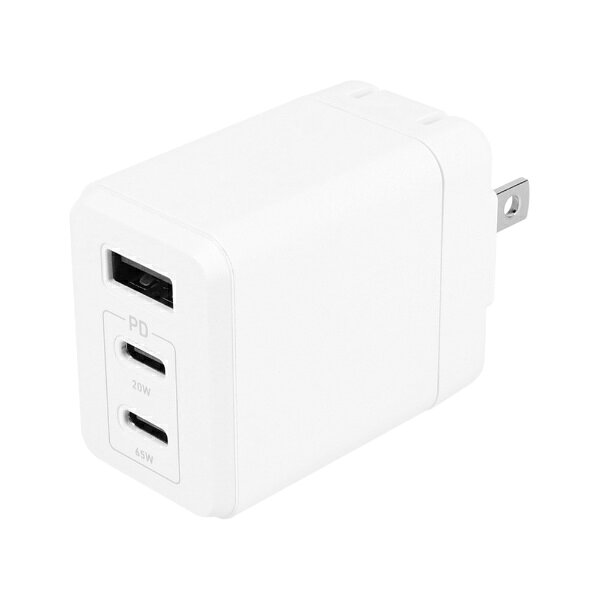 OWLTECH｜オウルテック AC充電器 PD65W GaN採用 A×1/C×2 ホワイト OWL-APD65C2A1GS-WH 3ポート /USB Power Delivery対応 /Smart IC対応 /GaN(窒化ガリウム) 採用