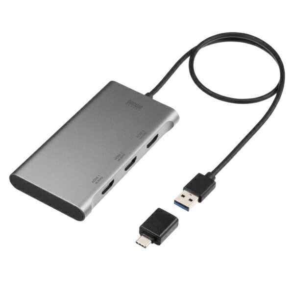 USBポートから最大3台のモニターへ4K/60Hzの映像出力できる、USB A-HDMI×3ポートのディスプレイアダプタ。USB Type-C変換アダプタ付き。「USB-HDMIディスプレイアダプタ（4K×3画面出力）」■USBポートから4K解像度かつ60Hzの滑らかな映像を、最大3画面同時に出力できるUSB-HDMI映像変換アダプタです。■最大4K解像度（3840×2160/60Hz）出力に対応しており、4K対応の大画面テレビやモニター、プロジェクターなどへ高精細な4K解像度を最大3台同時に出力することができます。■USB A-USB Type-C変換アダプタを付属しているので、どちらのタイプのポートでもご使用頂けます。■本製品を2個使用することで1台のパソコンに対して最大6画面まで映像出力が可能です。（Macは最大4画面まで）■ノートパソコンの画面を含め最大7画面をマルチディスプレイ化することができます。※フルHD解像度以下の場合に限ります。■ドライバをインストールするだけで、簡単に使用できます。■USBケーブルを別途用意する必要がないケーブル一体型です。≪制限事項≫本製品はパソコン本体のUSBポートに直接接続して下さい。USBハブや増設のUSBポートではご利用いただけません。本製品では著作権保護された映像（ブルーレイ映画など）を再生出力することはできません。DirectX、OpenGL等のAPIは対応しておりません。4K解像度での出力はディスプレイが4K解像度に対応しており出力するコンテンツも4K解像度に対応している必要があります。クローンモード（ミラーモード）での動画再生は対応しておりません。本製品の取り外し・接続に関して基本的にプラグアンドプレイには対応しておりますが、まれにUSB認識のタイミングエラーにより正常に表示しない/動作しない場合があります。再度抜き差ししお試しください。これは本製品の不具合・故障ではありません。本製品はWindows OS/mac OSが動作している状態で使用するものです。システム起動時やBIOS画面では動作しません。（表示しません。）本製品はUSBポートから映像信号を変換し出力するものでありパソコンの性能に大きく左右されます。必ず対応機種以上のパソコン環境にてご利用ください。高速で画面を切り替えるゲームや動画再生については画面のコマ落ちなどが発生する恐れがあり推奨できません。対応機種、対応接続機器・環境の場合であっても正常に動作しないことがございます。