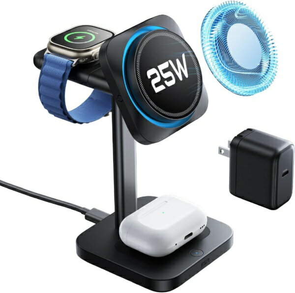 イーエスアール｜ESR Qi2.2 25W対応 冷却ファン付 MagSafe対応 3in1 ワイヤレス充電スタンド(USB電源付き) ブラック 2C5880601 - Black [USB Power Delivery対応 /Smart IC対応]