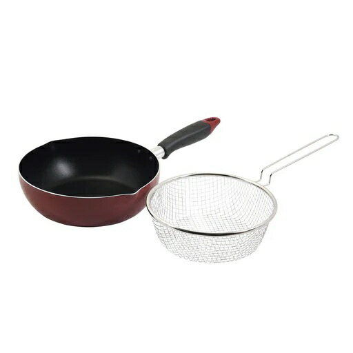 Ih/Gas Compatible - パール金属｜PEARL METAL ふっ素加工IH対応目盛・ザル付料理フライパン22cm（レッド）