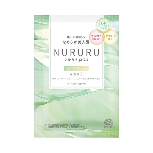 美しい素肌へなめらか美人湯【透明感（※キメが整うこと。）のあるなめらか肌へのアプローチ】・「NURURU」のお湯は「美人の湯」として知られるアルカリ湯質・ぬるぬるとした、まろやかなお湯と穏やかな気持ちになれる香りに包まれて美しい素肌へ●ととのうアルカリ湯質pH9.5（※40℃の水道水200Lに45gを入れた場合。水質等の測定条件によりpH値は異なります。）●うるおう保湿成分●やすらぐ香り【WHITE TEAの香り： オリーブグリーンの湯色（色付き透明）】みずみずしいフローラルグリーンを基調に宇治茶や抹茶、バンブーなどをブレンド。深みのある気持ち落ち着く香りです。●保湿成分： セラミド／ローズヒップ／CICAエキス／米ぬかエキス●ティーツリー（香料中）【販売名】入浴料ヌルル（WHITE TEAの香り）【浴用化粧料】【内容量】45g