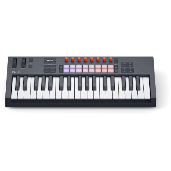 Novatio FLkey 2 37　ビートもメロディも、この一台で。FL Studio専用、スタンダードな37鍵コントローラージャストなサイズでFL Studioをスムーズにコントロール。ポリフォニック・アフタータッチ対応パッドに加え、FL Studio専用設計で連動するノブや、さまざまなクリエイティブ機能を搭載。FL Studioがもっと楽しくなる、スタンダードな37鍵シンセアクション鍵盤モデル。■FLkey 37は、ビートのスケッチからトラックの完成まで、音楽制作をスムーズに行えるFL Studio専用キーボード・コントローラーです。 3オクターブのフルサイズ・シンセ鍵盤、ポリフォニック・アフタータッチ対応パッド、多数のノブやボタンを備え、FL Studioを自在にコントロールできます。 チャンネルラックのステップシーケンス、ミキシング、パターン作成、プラグインのコントロールまで、FL Studioの主要なツールやワークフローと密接に連携します。■FL Studioユーザーのための、専用設計インストゥルメントの演奏、パターンの作成、ミックスのコントロール。FLkey 37は、チャンネルラック、ステップシーケンサー、Sytrus、Harmorなど、FL Studioの主要な機能やお気に入りのプラグインへ直接アクセスできます。■ひらめきを逃さず形にFLkey 37は、演奏性と省スペース性を両立した3オクターブのフルサイズ・シンセ鍵盤を搭載。モジュレーション・ホイール／ピッチホイールにより、スムーズで表現力豊かな演奏が可能です。メロディやコードを簡単に作成できるクリエイティブな機能を内蔵し、「音を外す」ことを避けられるスケールモード、1つの鍵盤でコードを演奏できる固定コードモード、パッドを叩くだけで本格的なコード進行が素早く作れるコードマップなどの機能を利用できます。 高機能なアルペジエーターも備え、インスピレーションを刺激するパターンを簡単に作成し、自在に変化させることができます。■指先で刻むビートチャンネルラックでサンプルをトリガーしたり、RGBパッドでパターンを直接入力できます。 ライブ感覚でビートを演奏したい場合は、 ポリフォニック・アフタータッチ対応パッドで、FPC、SliceX、Fruity Slicerをフィンガードラミング可能です。■レベル調整からプラグイン操作まで、手元で感覚的にコントロール8つのエンドレスエンコーダーで、レベルやフィルターの調整、プラグインの操作、プレイリストのナビゲーションまでコントロール可能。 必要な情報が高精細な有機ELディスプレイに表示され、操作中のパラメーターを正確に確認できます。■FL Studioのポテンシャルを引き出す、さらなる進化FL Studio向けに開発された初のMIDIキーボード・コントローラー、 FLkey 1 の後継機である本機は、FL Studioの主要機能とより深く連携し、これまで以上にスムーズなワークフローを実現します。ポリフォニック・アフタータッチ対応の表現力豊かなパッド、高精細な有機ELディスプレイ、さらに進化したクリエイティブ機能も備えます。■FL Studio以外でも活用可能FLkey 37は、スタジオの中核として機能します。フルサイズのMIDI Outポートでシンセサイザーや外部MIDIハードウェアに接続できるほか、Novation PlayやNKS対応プラグインをコントロールすることも可能。また、Novation Componentsを使えば、好みに合わせたカスタム・レイアウトを自由に作成できます。 Mackie HUIにも対応し、 FL Studio以外のDAWでもお使いいただけます。■音楽制作に必要なすべてが付属FLkeyには、FL Studio Producer Editionの6ヶ月間無料トライアルが付属。すぐに音楽制作が始められます。 フィンガードラムやキーボードのスキルを磨くために、 Melodicsが提供する特別レッスンを受けることもできます。 またNovation Playに加え、Native Instruments、Orchestral Tools、Klevgrand、GForce などによる厳選されたプレミアムなインストゥルメント／エフェクトも付属します。