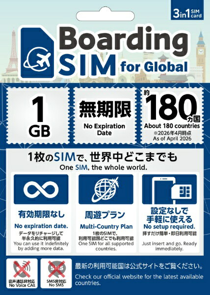 ラネット｜ranet 【有効期限なしプリペイドSIM】【データ追加可能】BoardingSIM for Global 海外約180ヵ国周遊 データ1GB [マルチSIM /SMS非対応]