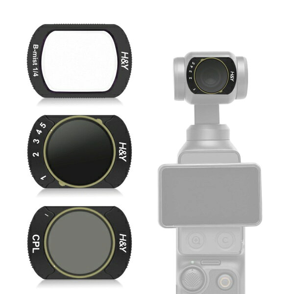 【製品特徴】■Variable ND + Black Promist + CPL Filter Set for OSMO Pocket 3・4（オズモ ポケット 3・4兼用 フィルターセット）は、DJI OSMO Pocket 4およびDJI OSMO Pocket 3専用に設計されたフィルターセットです。■可変ND3-32フィルター、ブラックプロミスト1/4フィルター、CPLフィルターの3枚をセットにしています。■可変NDフィルターは、前面リングを回転させることでND3からND32までの範囲で濃度を調整できます。■1.5段から5段分の減光に対応します。■可変NDフィルターは、明るい環境でもシャッタースピードを調整し、自然で滑らかな動画表現をサポートします。■ブラックミスト（Black Mist）は、点光源などの強いハイライトへ滲みを加え、シネマチックな映像表現を演出します。■撮影時に光学的な特殊効果を加えることができます。■CPLフィルターは、青空や新緑、紅葉などの自然の色彩を際立たせます。■CPLフィルターは、水面やガラス面などの反射を光学的に除去または調整できます。■偏光率99.9%の偏光膜を採用しています。■H&Yレンズフィルターと同じ基準で製造されています。■ナノコーティングにより、撥水・防汚・帯電防止・防傷性能を備えています。【製品仕様】●対応機種：DJI OSMO Pocket 4、DJI OSMO Pocket 3●フィルター構成：可変ND3-32、ブラックプロミスト1/4、CPL●可変ND範囲：ND3〜ND32（約1.5〜5段分減光）●CPL偏光率：約99.9%●コーティング：ナノコーティング●ナノコーティング特性：撥水、防汚、帯電防止、防傷【付属品】●可変ND3-32フィルターが付属します。●ブラックプロミスト1/4フィルターが付属します。●CPLフィルターが付属します。【補足】▲可変NDフィルターは動画撮影時の露出調整に適しています。 ▲ブラックミスト（Black Mist）は、動画へシネマチックな雰囲気を加えたい撮影に適しています。▲CPLフィルターは、自然の色彩を際立たせたい撮影や反射を抑えたい撮影に適しています。▲H&Yは製品の企画から生産・品質管理までを自社で一貫して行っています。【注意事項】◆DJI OSMO Pocket 4およびDJI OSMO Pocket 3専用設計のため、他機種への装着は保証されていません。◆可変NDフィルターとCPLフィルターは、フィルターの特性上、併用できません。◆可変NDフィルターの減光効果は、撮影環境や光量条件によって変化します。◆ブラックプロミストフィルターは、光源や撮影条件によって滲みの見え方が変化します。◆CPLフィルターは、撮影角度や光の状態によって偏光効果の見え方が変化します。
