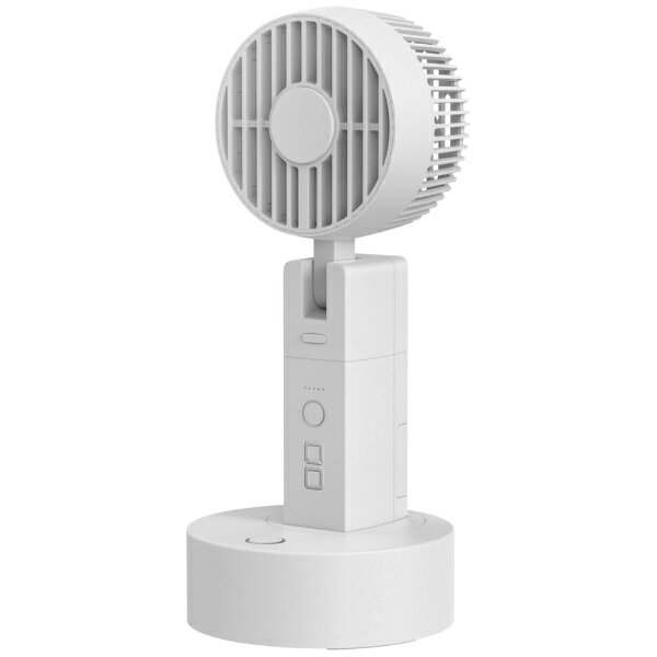 【3WAY設計｜手持ち・首かけ・卓上】ファンと充電スタンドが分離するハイブリッド構造。屋外では手持ち・首かけ、室内ではスタンドに置いて卓上扇風機に。通勤・通学、駅やバス停での待ち時間、キャンプ、デスクワーク、キッチン、お風呂上がりまで、夏の暑さ対策・熱中症対策をこれ1台で。【充電しながら使える＋モバイルバッテリーにも】満充電後は自動でファン専用回路へ切り替わる「完全パススルー充電」を採用。デスクではUSB給電でつけっぱなしでも快適。さらに持ち手は3400mAh（12.24Wh）のモバイルバッテリーになり、本体のUSB-C入出力コネクタでスマホへ直接充電もできます（出力5V/3A・最大15W）。【“接触冷感”をプラス】ファン中心に半導体（ペルチェ）冷却プレートを搭載。風で涼むだけでなく、首元・手首・額に直接当てればひんやり。マスクのムレや汗ばむ季節の火照りにも。※冷風を出す機能ではなく、肌に触れて冷たさを感じる機能です。【二重ファン・4段階風量】前後2枚の羽が逆回転する二重ファン構造。弱・中・強・ターボの4段階で、静かなデスクワークから屋外の強い暑さ対策まで自在に調整。【卓上では左右120°の自動首振り】充電スタンドに置けばボタン操作で左右120°の自動首振り。同じ場所に風が当たり続ける不快さを抑え、デスクやキッチンの“置き型”としても活躍します。【軽量設計・交換式コネクタ】本体サイズ 約205×51×83mm、本体 約275g／台座 約125gという軽量設計。コネクタはMag-Snap Connectで交換でき、万一の破損でも本体ごと買い替え不要（約500サイクル設計）。USB-C to USB-Cケーブル・専用USB-C変換コネクタ・カラビナ仕様ストラップ付属。ブラック／ホワイトの2色展開。【完全パススルー充電】充電スタンドのUSB-C入力ポートから5V/3A（最大15W）で充電でき、約99分で満充電。本体が満充電になると自動でファン専用の直流回路へ切り替わる「完全パススルー充電」を採用し、卓上での長時間使用でもバッテリーへの負担を抑えます。【最大約6.5時間駆動】3400mAh / 3.6V（18650リチウムイオン）バッテリー搭載。駆動時間は最大約6.5時間（風量：弱、ペルチェOFF時）。残量に応じてモードを切り替えれば、長めの外出シーンでも使いやすい設計です。【バッテリー分離・スマホ直挿し充電】持ち手部分は3400mAhのモバイルバッテリーで、ファンから取り外して単体使用が可能。収納式のUSB-Cコネクタを引き出せば、ケーブルなしでスマートフォンに直接挿して充電できます。出力は5V/3A（最大15W）です。【Mag-Snap Connect採用・温度自動制御・約500サイクル】持ち手のUSB-CコネクタはMag-Snap Connectで交換可能。万が一コネクタが破損しても本体ごと買い替えずに済みます。温度上昇時には出力を自動で抑える制御回路も搭載し、約500サイクルの充放電を想定した設計です。