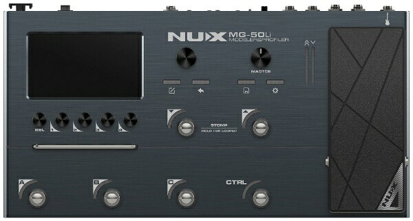 Modeler & Profiler ブラックMG-50Liは、ギター/ベースに最適なNUXのフラッグシップ・マルチエフェクター。TS/AC-4Kホワイトボックス・フィジカル・モデリング・アンプとDeepImageプロファイリング・アンプ・モデリングという2つのコアテクノロジーを搭載しています。洗練されたデザイン、直感的なインターフェース、高音質なサウンドにより、思い通りのサウンドを作り出すことができます。・特長■アルミニウム合金製の筐体とペダル、6つのフットスイッチ、5インチの高解像度カラー液晶ディスプレイを搭載。2つのスイッチキャップも付属します。■3基の強力なNXP RTプロセッサと高品質なAD/DAコンバーターを搭載し、超低システムレイテンシー、タイトで素早いレスポンスと、卓越した音質を実現しています。■L/R Cyber IRエンジンにより、マイク、位置、距離のパラメーターを調整可能なステレオキャビネットエミュレーションを実現。■最大2つのアンプと4つのキャビネット（L/R Cyber IR）を組み合わせた2つのエフェクトチェーンを搭載。最大14のエフェクトブロックを組み合わせ、柔軟なルーティングオプションを実現しています。■2つのセンド/リターン端子により、お気に入りのペダルをルーティングに追加。ステレオXLR出力、MIDIコントロール機器に接続できるMIDI入出力端子を搭載し、様々な状況に対応します。■最大5時間使用可能なバッテリーを内蔵。■NUX ImageおよびDeepImageプロファイリングに対応し、あらゆるアンプやOD/DISTエフェクターのサウンドをキャプチャ可能。また、NAM （Neural Amp Modeler）のロードにも対応しています。■USBオーディオ・インターフェースとしても使用でき、PCに接続してサウンドのカスタマイズ、パッチ管理、レコーディングをまとめて簡単に作業する事が可能です。■NUX Audioアプリによるコントロールが可能。（スマートフォン、Windows/Mac）・DeepImageTS/AC-4Kホワイトボックス・フィジカルモデリング・アルゴリズムにより、驚くほどリアルなアンプシミュレーションとエフェクトを実現。多数のアンプモデル、エフェクトを内蔵しています。アンプシミュレーションではパワーアンプ部とプリアンプ部が独立し自由に組み合わせる事で多彩なサウンドメイクが可能。さらに、独自開発のブラックボックス技術「DeepImage」により、トーンの可能性をさらに広げます。多層的なシミュレーションを1つのまとまりのあるサウンドに統合し、リアルなアンプ・トーンを実現します。・付属品ブルートゥースモジュールUSBケーブル （A to C）1/8” to 5 pin MIDI アダプターACアダプターギグバッグ