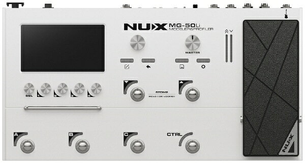 Modeler & Profiler ホワイトMG-50Liは、ギター/ベースに最適なNUXのフラッグシップ・マルチエフェクター。TS/AC-4Kホワイトボックス・フィジカル・モデリング・アンプとDeepImageプロファイリング・アンプ・モデリングという2つのコアテクノロジーを搭載しています。洗練されたデザイン、直感的なインターフェース、高音質なサウンドにより、思い通りのサウンドを作り出すことができます。・特長■アルミニウム合金製の筐体とペダル、6つのフットスイッチ、5インチの高解像度カラー液晶ディスプレイを搭載。2つのスイッチキャップも付属します。■3基の強力なNXP RTプロセッサと高品質なAD/DAコンバーターを搭載し、超低システムレイテンシー、タイトで素早いレスポンスと、卓越した音質を実現しています。■L/R Cyber IRエンジンにより、マイク、位置、距離のパラメーターを調整可能なステレオキャビネットエミュレーションを実現。■最大2つのアンプと4つのキャビネット（L/R Cyber IR）を組み合わせた2つのエフェクトチェーンを搭載。最大14のエフェクトブロックを組み合わせ、柔軟なルーティングオプションを実現しています。■2つのセンド/リターン端子により、お気に入りのペダルをルーティングに追加。ステレオXLR出力、MIDIコントロール機器に接続できるMIDI入出力端子を搭載し、様々な状況に対応します。■最大5時間使用可能なバッテリーを内蔵。■NUX ImageおよびDeepImageプロファイリングに対応し、あらゆるアンプやOD/DISTエフェクターのサウンドをキャプチャ可能。また、NAM （Neural Amp Modeler）のロードにも対応しています。■USBオーディオ・インターフェースとしても使用でき、PCに接続してサウンドのカスタマイズ、パッチ管理、レコーディングをまとめて簡単に作業する事が可能です。■NUX Audioアプリによるコントロールが可能。（スマートフォン、Windows/Mac）・DeepImageTS/AC-4Kホワイトボックス・フィジカルモデリング・アルゴリズムにより、驚くほどリアルなアンプシミュレーションとエフェクトを実現。多数のアンプモデル、エフェクトを内蔵しています。アンプシミュレーションではパワーアンプ部とプリアンプ部が独立し自由に組み合わせる事で多彩なサウンドメイクが可能。さらに、独自開発のブラックボックス技術「DeepImage」により、トーンの可能性をさらに広げます。多層的なシミュレーションを1つのまとまりのあるサウンドに統合し、リアルなアンプ・トーンを実現します。・付属品ブルートゥースモジュールUSBケーブル （A to C）1/8” to 5 pin MIDI アダプターACアダプターギグバッグ