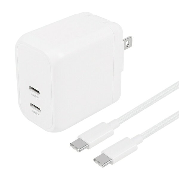 ■タブレットやノートPCにも使える最大45W出力のUSB Type-Cポート、USB PD-PPS／AVSに対応本製品は最大PD45W出力に対応したUSBケーブル付属のAC充電器です。またUSB PD-PPS（Programmable Power Supply）とAVS（Adjustable Voltage Supply）に対応。USB PDよりもさらに効率的な発熱や変換ロスを最小限に抑えた充電が可能です。※PPS：電圧と電流を調整できる規格、AVS：一定の電流で電圧だけを調整できる規格です。■窒化ガリウム（GaN）で低発熱＆小型設計従来の半導体素材であるシリコンよりも優れた充電効率をもつ、窒化ガリウム（GaN）を採用。高出力化と小型化を両立しながら、充電時の発熱を抑制します。■2台同時にさくさく充電USB Type-Cポートを2基同時に使用することで、接続機器を2台同時に充電できます。※2ポート同時使用時は合計最大25W＋20W（45W）出力となります。■USB Type-C to Cケーブル付属、折りたたみプラグでもっとコンパクトに付属のケーブルは1.5mと取り回しやすい長さ。対応機種であればご購入後すぐに接続機器を急速充電できます。プラグ部分を折りたためるので、バッグに入れて出張や旅行などの外出先にも気兼ねなく持ち出すことができます。■PSE適合製品、各種保護機能搭載の安心、安全設計日本の法律である「電気用品安全法」で定められた検査を実施したPSE適合製品です。安心・安全にご使用いただけます。保護機能の「過電流保護」「過電圧保護」「短絡（ショート）保護」を搭載し、高い安全性を備えています。過電流・過電圧・短絡（ショート）発生時に動作を止めることで、万が一の事故を未然に防ぎます。■安心の1年保証本製品は1年保証がございます。ご使用中に万が一不具合などが発生した場合、保証期間内であれば無償で交換を保証いたします。お客様が安心して長くお使いいただける製品品質と併せて、サポート体制にも力を入れております。