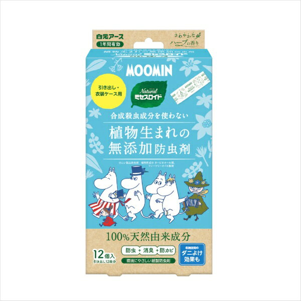 ≪無添加≫●合成殺虫成分を使わない100%天然由来成分でできた防虫剤です。≪防虫≫●天然由来成分が大切な衣類をせんいの虫から約1年間守ります。≪消臭≫●収納空間の気になるニオイ（カビ臭・汗臭・体臭）を消臭します。≪防カビ≫●カビの発育を抑えます。≪ダニよけ効果≫●気になるダニを収納空間内に寄せつけにくくします*。（ターピネオール類、ティーツリーオイルの効果）*収納空間内に屋内塵性ダニを寄せつけにくくする効果を確認しています。マダニやイエダニを対象とした製品ではありません。●成分由来のさわやかな香りが収納空間に広がり、衣類をやさしく包みます。●金糸、銀糸、ラメ加工製品にも使えます。●和服、毛皮等の皮革製衣類にも使えます。【商品スペック】●成分：ターピネオール類（植物性成分）、ティーツリーオイル（植物性成分）、香料●適用害虫：≪せんいの防虫効果≫イガ、コイガ、ヒメカツオブシムシ、ヒメマルカツオブシムシ≪収納空間のダニよけ効果≫屋内塵性ダニ●有効期間：使用開始後約1年間（防虫効果）※温度、収納空間、使用状態などで有効期間は一定しません。●標準使用量：タンスの引き出し（50L）につき1個、衣装ケース（50L）につき1個●内容量：12個（1個×12包）