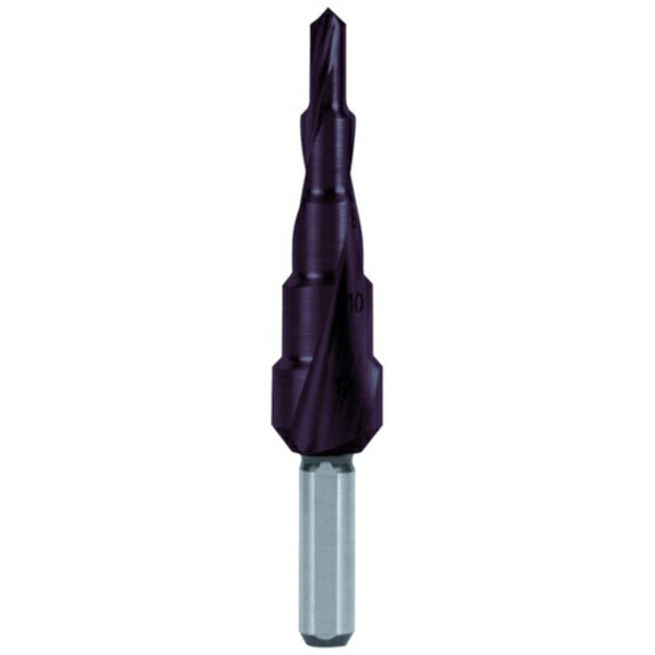 ■高品位の材質を使用し、負荷なく、ビビりのない安定した穴あけが可能です。【用途】・被削材： 鉄板（強度1100N/mm［［の2乗］］以下の物）・アルミ・真鍮・プラスチック（4mmまで）【仕様】・段幅（mm）： 4・段数（段）： 5・シャンク径（mm）： 6・穴あけ寸法（φ）： 4、6、8、10、12・全長（mm）： 65・表面処理： チタンアルミニウムコーティング