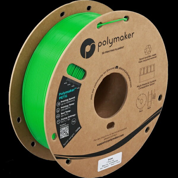 材料のパイオニア、Polymakerが新たに開発した、次世代高速PETG新時代のPETGは造形がとても簡単！Polymaker PETGは、高度な配合のもと高速で造形が可能となったPETGフィラメントです。新たに改良された配合により、糸引きを最小限に抑え、スムーズで高速なプリントを実現しながら、卓越した強度と精度を維持しています。開放機でも造形可能なうえ、高流量ノズルと組み合わせることで推奨プリント速度の約2倍を実現。耐久性の高いプロトタイプ、ギアやブラケットなどの機能部品、耐候性屋外マウント、ツールハウジング、カスタムサイネージなどの作成に最適で、大量生産の3Dプリントプロジェクトの要求にも容易に応えることができます。■新しいハイスピードPETG強度や品質を損なうことなく高速印刷を実現するために設計されています。高フロー配合により、最大300mm/sでクリーンかつ正確な押出が可能で、高フローノズルを使用した場合は500mm/s以上でも、優れた層間接着、耐久性、表面仕上げを維持します。■より強く、より滑らかで、より信頼性の高い性能信頼性の高いパフォーマンスを目的に設計された新配合により、優れた層間結合、低反り、長時間の印刷でも詰まりにくい安定した動作を実現します。その結果、ベッドから取り外した直後でもプロ仕様の外観を持つ、強く寸法安定性の高い部品が得られます。■プロトタイプから最終用途部品まで対応ギア、ブラケット、治具から、屋外用ツール、スポーツアクセサリー、コスプレ小道具まで、Polymaker PETGは靭性・柔軟性・美観のバランスに優れています。化学耐性と耐熱性（約70°CのHDT）を備え、屋内外の機能用途に適しています。※PolyLite PETG フィラメントとは材料特性が異なりますが後継製品となります。※透明色はPolyLite PETG フィラメントをご利用ください。※吸湿しやすい材料のため糸引きを防ぐためにも、フィラメントは乾燥状態で保管してください。