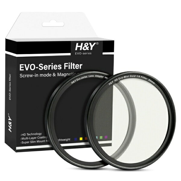 【製品特徴】■EVO-Series MRC Slim Gold Promist Filter Kit（ゴールド プロミスト）は、特殊効果系フィルターです。■ハイライトを中心に滲みを与え、ドリーミーなソフト効果を得られます。■ピントが合った部分のシャープさを保ちながら、ハイライトに滲みを与えることで、光を華やかな印象に仕上げます。■Gold Promist効果の強度は1/2、1/4、1/8の3種類をラインナップしており、表現意図に合わせて使い分けられます。■同じ強さ表記のブラックミストやホワイトミストと比べて、ハイライトでは強めの滲みを得られます。■マグネット式のフィルターとMagnetic Adapter Ringを組み合わせたキットで、マグネット式またはねじ込み式でレンズに装着できます。■マグネット内蔵フレームを採用し、別売のレンズキャップやEVOシリーズのレンズフィルターをマグネット式で重ねて使用できます。■防汚、撥水、防傷性に優れたNanoコーティングを採用しています。■HD研磨技術により、高い平面度を実現しています。■ドイツSCHOTT社のB270ガラスを採用しています。■薄枠設計により、広角レンズでもケラレにくい設計です。■フレームには強度が高く耐食性に優れたA6063アルミニウム素材を使用し、磁力の強い永久磁石を内蔵しています。■既存の丸形マグネットフィルター各種と互換性があります。【製品仕様】●フィルター種類：Gold Mist（特殊効果フィルター）●効果強度：1/2、1/4、1/8（1/2が最も強く、1/8が最も弱い）※各濃度は別売●ガラス：ドイツSCHOTT社 B270ガラス●コーティング：防汚、撥水、防傷Nanoコーティング（両面コート）●研磨技術：HD研磨技術●フレーム素材：A6063アルミニウム●装着方式：マグネット式、ねじ込み式（スクリューイン）●フィルター構造：マグネット内蔵フレーム【付属品】●マグネット式アダプターリング（ELA）【補足】▲マグネット式で使用する場合は、付属のMagnetic Adapter Ringを経由してレンズに装着します。▲ねじ込み式で使用する場合は、レンズに直接装着できます。 【注意事項】◆フィルターの効果は、強度や撮影条件によって異なります。