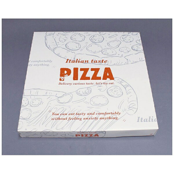 PIZZAの文字が入ったテイクアウト用ピザ箱（ピザボックス）■ピザのテイクアウト容器　中に入れたピザの折れ曲がり、破損を防ぎます。■12インチ（直径約30cm）サイズ用■積み重ね可能　積み重ねて運べるので便利です。■上面開きのボックス　上面が開くので、ピザを入れやすく、さらにそのまま盛り皿として利用できます。