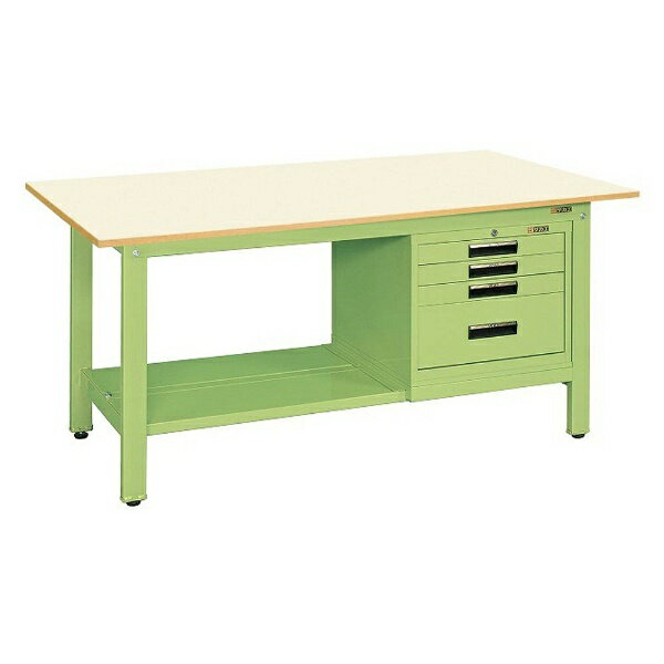 小物管理に優れたキャビネットを作業台へ組み込みました仕様■外寸：W1500×D750×H740mm■均等耐荷重：350kg■質量：76kg■本体色：グリーン■天板：軽量ポリエステル天板（アイボリー）21t■アジャスター：樹脂製ネジ径M12P=1.75画像はイメージです。実際の商品とは色やサイズなどが異なる場合がございます。