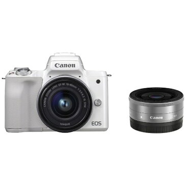 【送料無料】 キヤノン　CANON EOS Kiss M【ダブルレンズキット】（ホワイト／ミラーレス一眼カメラ）