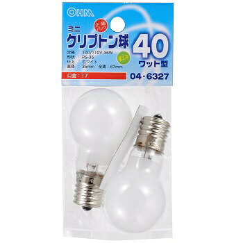 オーム電機｜OHM ELECTRIC LB-PS3740K-W2P 電球　ミニクリプトン球 ホワイト [E17 /一般電球形 /電球色 /2個]