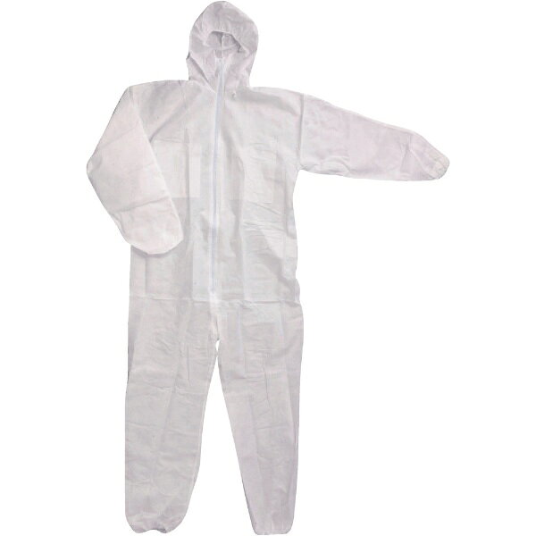 ■表面に撥水加工を施した不織布つなぎ服です。【用途】・土木・建築業・一般作業。【仕様】・色： ホワイト・サイズ： L・ウエスト（cm）： 78〜88・適応身長（cm）： 170〜180・適応胸囲（cm）： 90〜98・使い捨てタイプ・袖口、裾口はゴム仕様・フード付・ポケット付