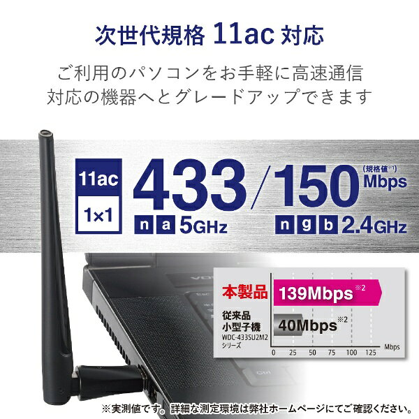 ELECOM｜エレコム WiFi 無線LAN 子機 433Mbps + 150Mbps USB2.0 高速 アンテナ【 Windows11 Mac 】動作検証済 ブラック WDC-433DU2H2-B [Wi-Fi 5(ac)][WDC433DU2H2B]