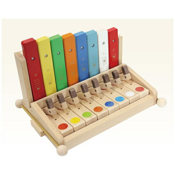 木の鍵盤を指で叩くと木琴を打鍵するシロホンピアノです。音板ユニットを取り外すと、木琴としても遊べるハイブリッド設計です。バチ2本と鍵盤用8色シールが付属します。