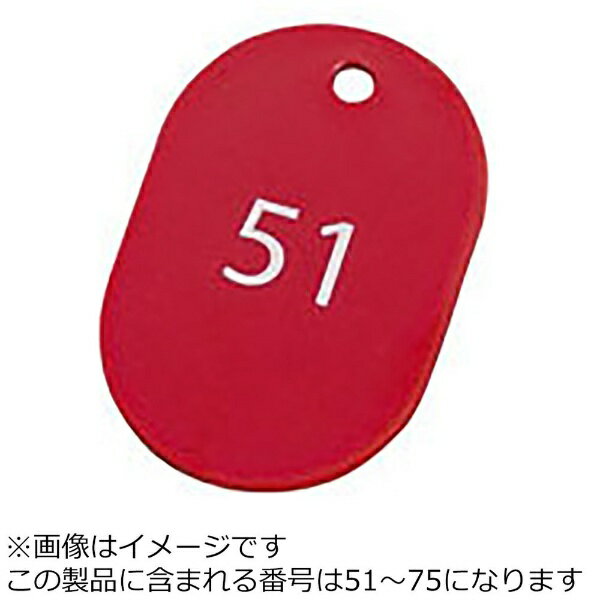 再生樹脂製の番号札（51〜75）です。赤色の25枚セットで、サイズは40×60mm、穴径は4mmです。飲食店やホテルなど幅広い用途でご利用いただけます。