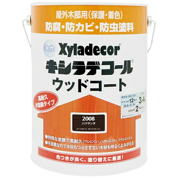 ■木材保護塗料のトップブランド「キシラデコール」の水性半造膜（造膜性・浸透性）タイプです。■屋外の木部(ウッドデッキ、ラティス、パーゴラ、ベンチ、ログハウス、羽目板、板へい)に。■色：パリサンダ■容量(L)：3.4■乾燥時間：約4時間(20℃）■塗り重ね可能時間：2時間以上(20℃）■塗布面積(［［M2］］)：20.8〜31.3