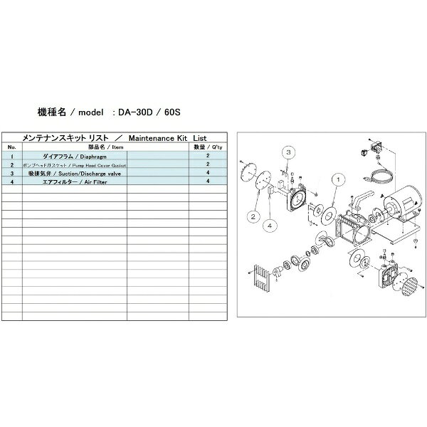 ■ダイアフラム型ドライ真空ポンプのメンテナンスに必要な消耗品を揃えたセットです。■修理時に通常交換するダイアフラム、吸排気弁などの部品セットです。【用途】・お客様ご自身でメンテナンスをされる場合に。【仕様】・適合機種： DA-30D、DA-60S【セット内容／付属品】・ダイアフラム×2、ヘッドガスケット×2、吸排気弁×4、エアーフィルタ×4