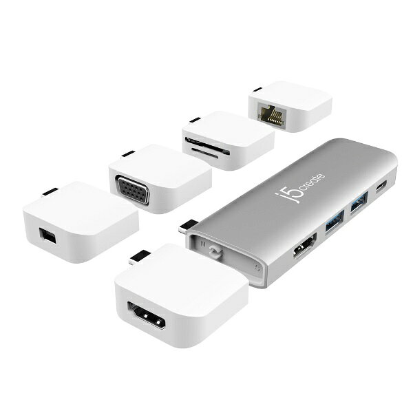Type-C 11-in-1 Premium Dock for MacBook Pro/Air USB3.0対応/7ポート/バスパワー＆セルフパワー「USB-C Modular 11in1ミニドック」■5つアタッチメントで一気にMacBook Pro/Airを拡張、マグネットで本体に着装J5createは前代MacBook専用ミニドックJCD382を更にパワーアップし、本体はUSB3.0とUSB-Cハブを拡張する上に、HDMI拡張ポートとPD充電ポートも備えています。スペースグレイ色とワイヤレス一体化設計によりMacBook Pro/Airと完璧に接続したし、デスクがスッキリ。最新技術を利用してノートパソコンを使用する際に必要な機能を極めて小型なアタッチメントに収納しました。3種の端子ポートVGA/HDMI/Mini DisplayPortを拡張、更にSD&microSDカードリーダー/有線LANを備えています。本体のTOPにマグネットを内蔵され、あっという間に簡単に着装できました。本体底部のUSB-Cにカードリーダーと有線LANアタッチメントが接続可能のため、最大12種変化があります。■アタッチメント単体使用可能、史上最小型5つアタッチメントは着装用だけではなく、単体使用もできます。史上最小型のUSB-Cアダプターでポケットに収めるコンパクト。アタッチメントの機能だけを使用する際にも、外出際にこれ1個持ってユーザーのニーズに満足できて、1機を購入するのに、何台アダプターを購入した満足感、コスパ抜群。■最大3台モニターを拡張、作業効率が一気に上がるUSB-Cポートから信号端子の変換が不便ですが、JCD389を接続すると、一気に4K HDMI/ 4K DisplayPort/ VGAなど3つのインタフェースを拡張できます。それぞれのモニターインタフェースが異なり、自宅や会社でいつもお困りの方へ最適。自社開発ICを採用し、簡単にデスクにさらに2台モニターを増やし、仕事作業の効率を一気に上がります。ノートパソコン画面が小さいお困りの方でも、あっという間に大きなモニターで気楽でパソコンを使用できます。更に、MacBook pro15インチの場合4ポートUSB-Cがあるので、最大3台モニターが増設することができます！小さな筐体で絶大なパフォーマンスを発揮します。■パワーデリバリー対応、PD100W充電対応パワーデリバリー対応しておりますので、充電しながらMacBookを拡張できます。最大PD100W対応してお持ちのACアダプターを挿入して頂いて充電できます。もう一つUSB-C 3.1ポートがPDポートと別々に備えていますので、充電しながらUSB-Cポートの拡張が可能です。■アタッチメント収納用ハードケース付き特別企画として初めてミニドックを購入同時に、パッケージ同梱で収納用ハードケースを付きます。5つアタッチメントがあるので、ハードケースに収納したら便利に持ち運びができます。ケースにはポケットがあるので、お持ちのケーブルもここに収納出来てすごく便利。 ※本商品が対象となるクーポンは、その期間終了後、同一内容でのクーポンが継続発行される場合がございます。