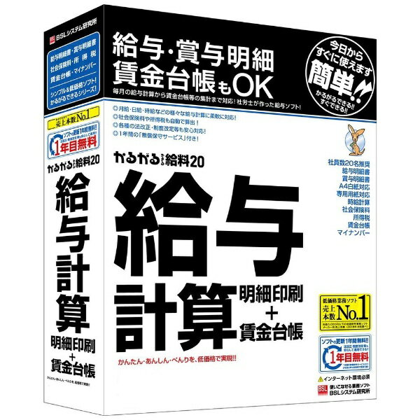 BSLシステム研究所 かるがるできる給料20 給与計算・明細印刷+賃金台帳[カルガルデキルキュウリョウ20キュウ]