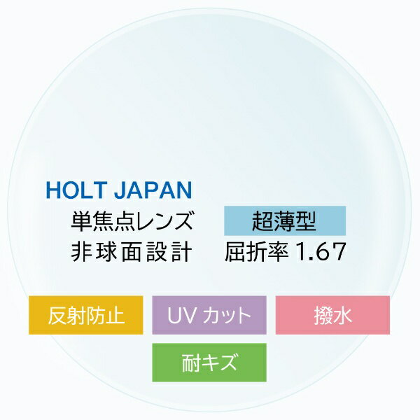【メガネレンズ（2枚組）】 HOLTジャパン 【HOLT】屈折率1.67 超薄型 単焦点 非球面 耐キズUVカットレンズ（2枚組）EA67VT【メガネフレームとご一緒にお買い求めください】