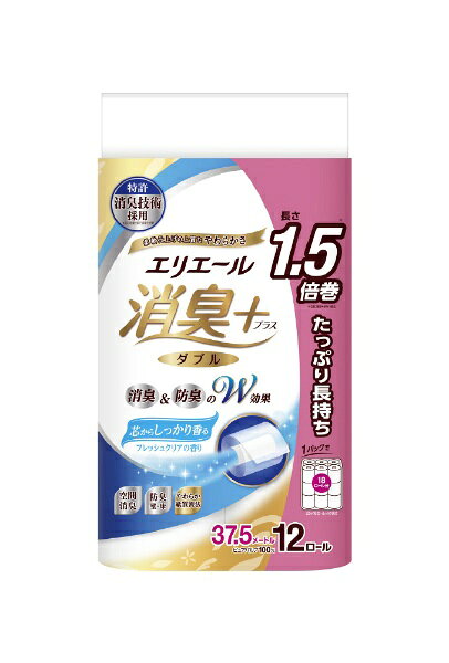 大王製紙｜Daio Paper elleair（エリエール）消臭+ トイレットティシュー しっかり香るフレッシュクリアの香り 1.5倍巻 37.5m ダブル 12ロール