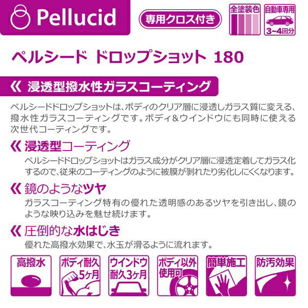 ペルシード｜Pellucid ドロップショット 180 浸透型・撥水性ガラスコーティング（全塗装色・コーティング施工車対応） 専用クロス付き PCD-19