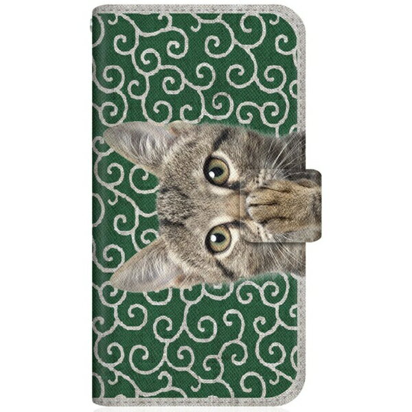 CaseMarket｜ケースマーケット NYAGO G020P スリム手帳型ケース NYAGO ノート キュート 肉球をペロペロするにゃ～。 - にゃんとも 和風 だにゃ～。 唐草模様 緑 G020P-BNG2S2449-78