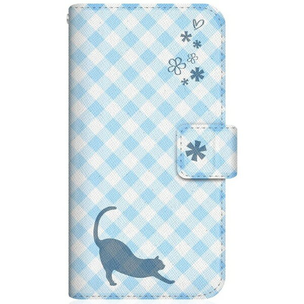 CaseMarket｜ケースマーケット NYAGO SOV40 スリム手帳型ケース NYAGO ノート サマー フラワー ダイアリー キャット シルエット - ブルー チェッククロス柄 & のびのび～！ SOV40-BNG2S2672-78