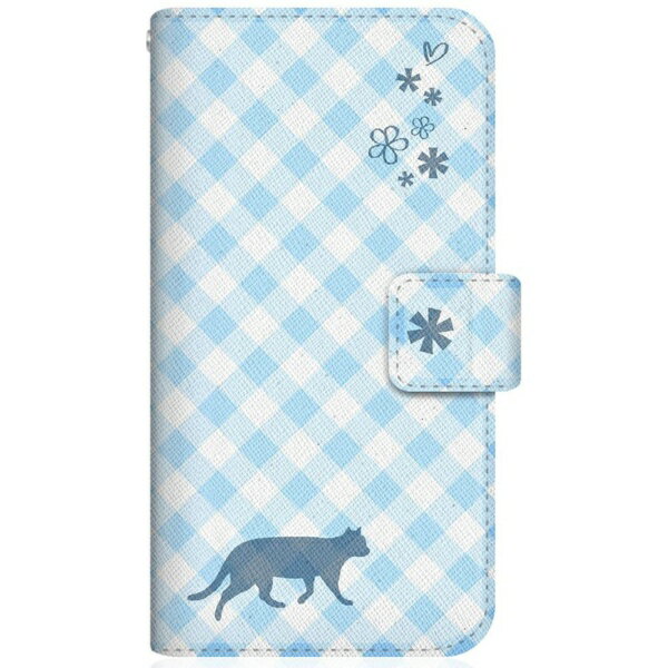 CaseMarket｜ケースマーケット NYAGO SO-41B スリム手帳型ケース NYAGO ノート サマー フラワー ダイアリー キャット シルエット - ブルー チェッククロス柄 & てくてくお散歩 SO-41B-BNG2S2675-78